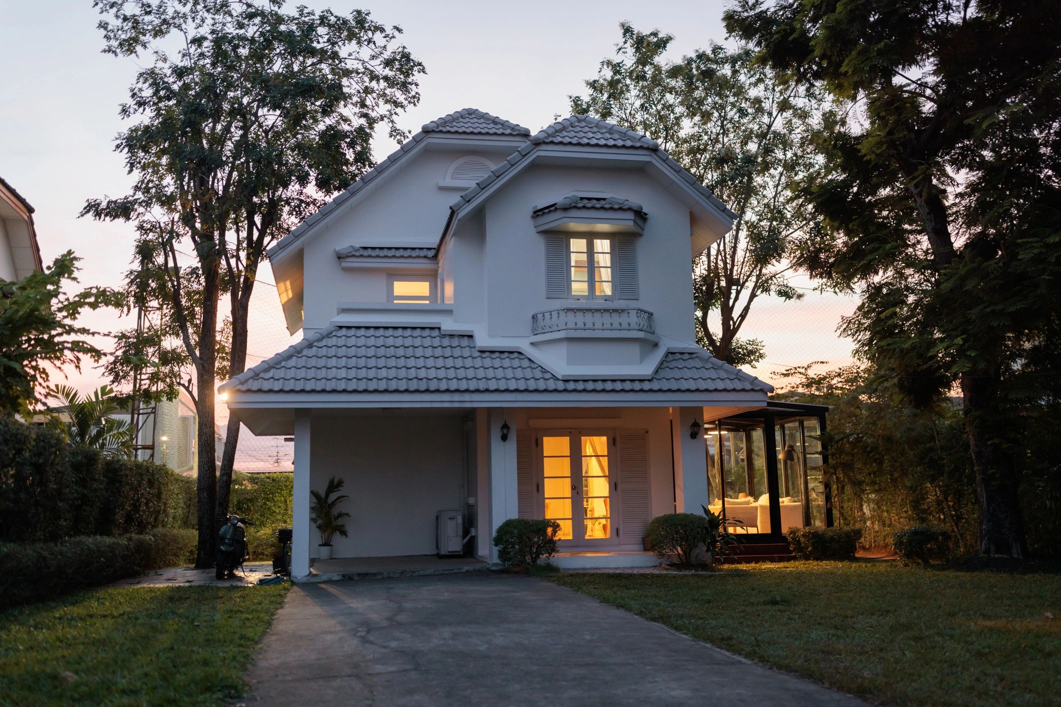 Improved residential exterior at dusk